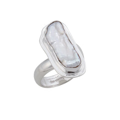 Sterling Silver Biwa Pearl Adjustable Ring with Detailed Edge
