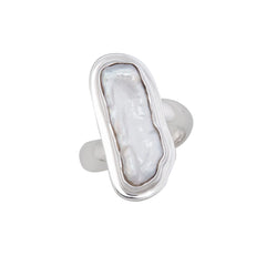 Sterling Silver Biwa Pearl Adjustable Ring with Detailed Edge