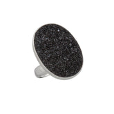 Sterling Silver Black Druse Oval Adjustable Ring