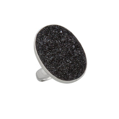 Sterling Silver Black Druse Oval Adjustable Ring