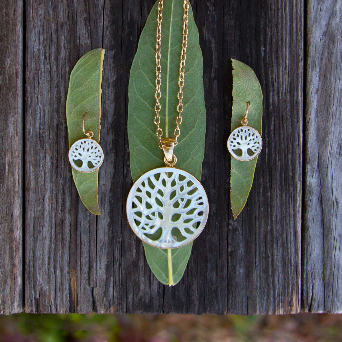 ALCHEMIA MOTHER OF PEARL TREE OF LIFE DROP EARRINGS