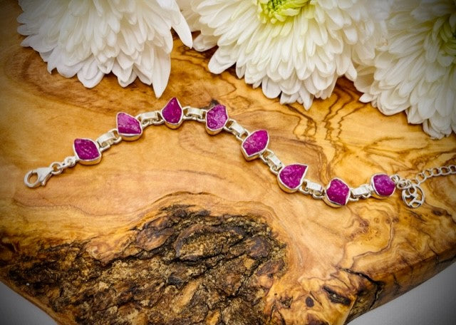 Adjustable Sterling Silver Rough Cut Ruby Bracelet