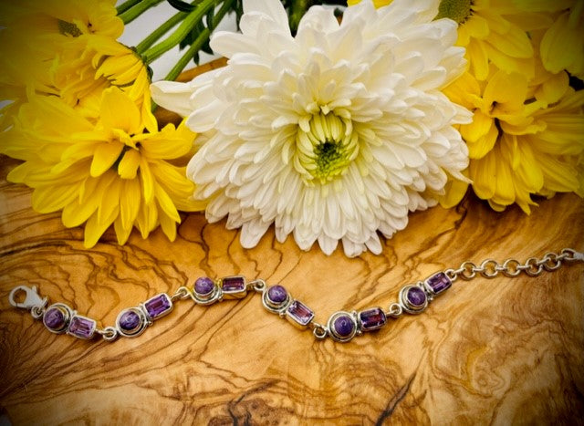 Adjustable Sterling Silver Charoite and Amethyst Bracelet