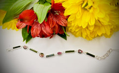 Adustable Sterling Silver Watermelon and Green Tourmaline Bracelet