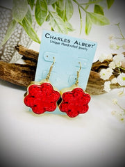 Alchemia Red Cinnabar Hand Carved Flower Shape Bold Drop Earrings