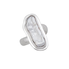 Sterling Silver Biwa Pearl Adjustable Ring with Detailed Edge