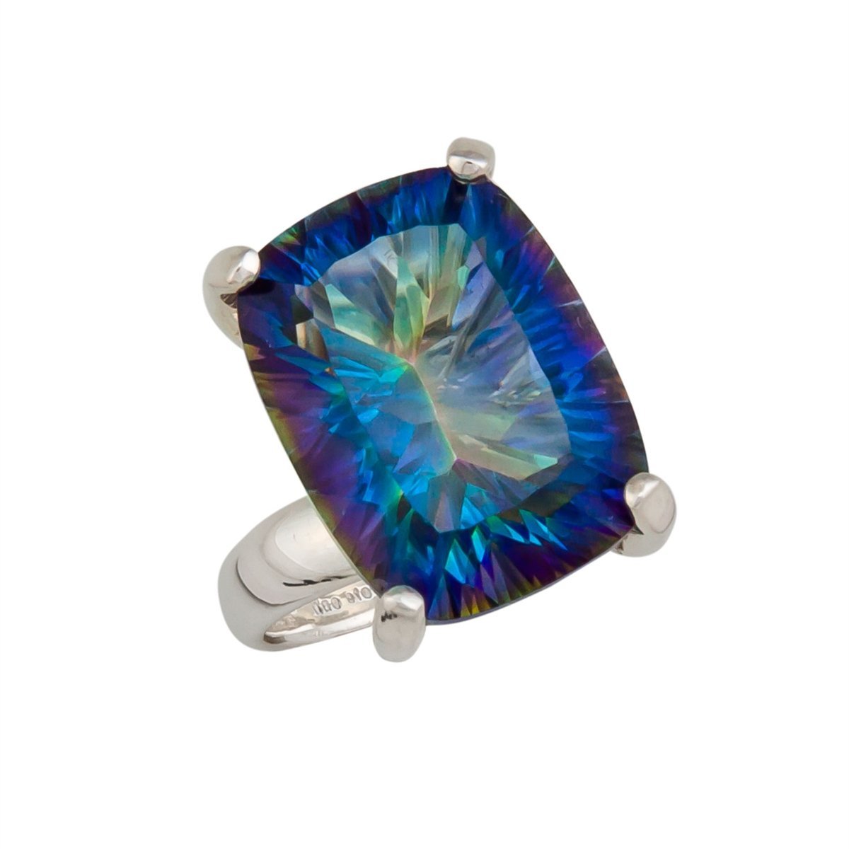 Sterling Silver Rectangular Mystic Quartz Prong Set Adjustable Ring