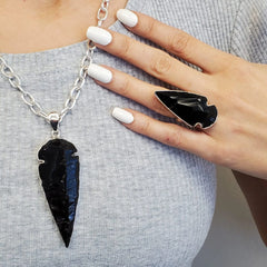 Sterling Silver Obsidian Arrowhead Adjustable Ring - Night Warrior