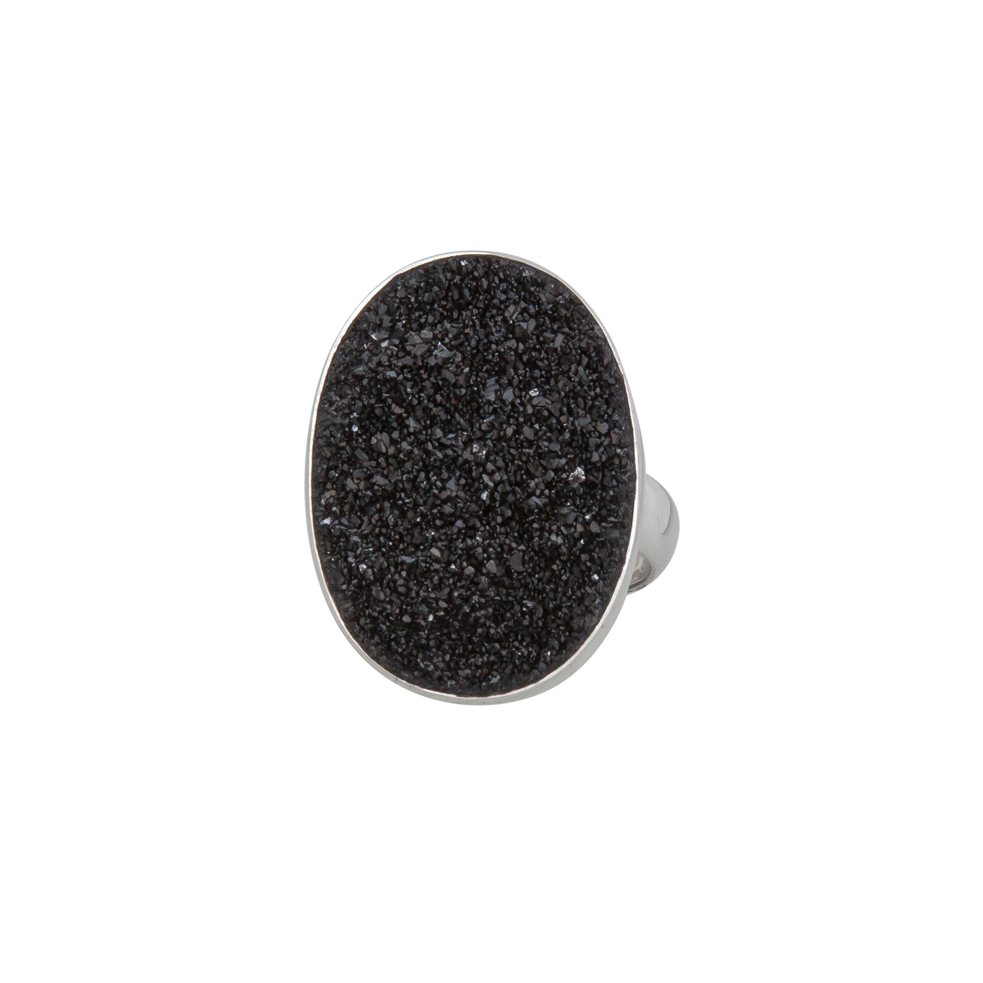 Sterling Silver Black Druse Oval Adjustable Ring
