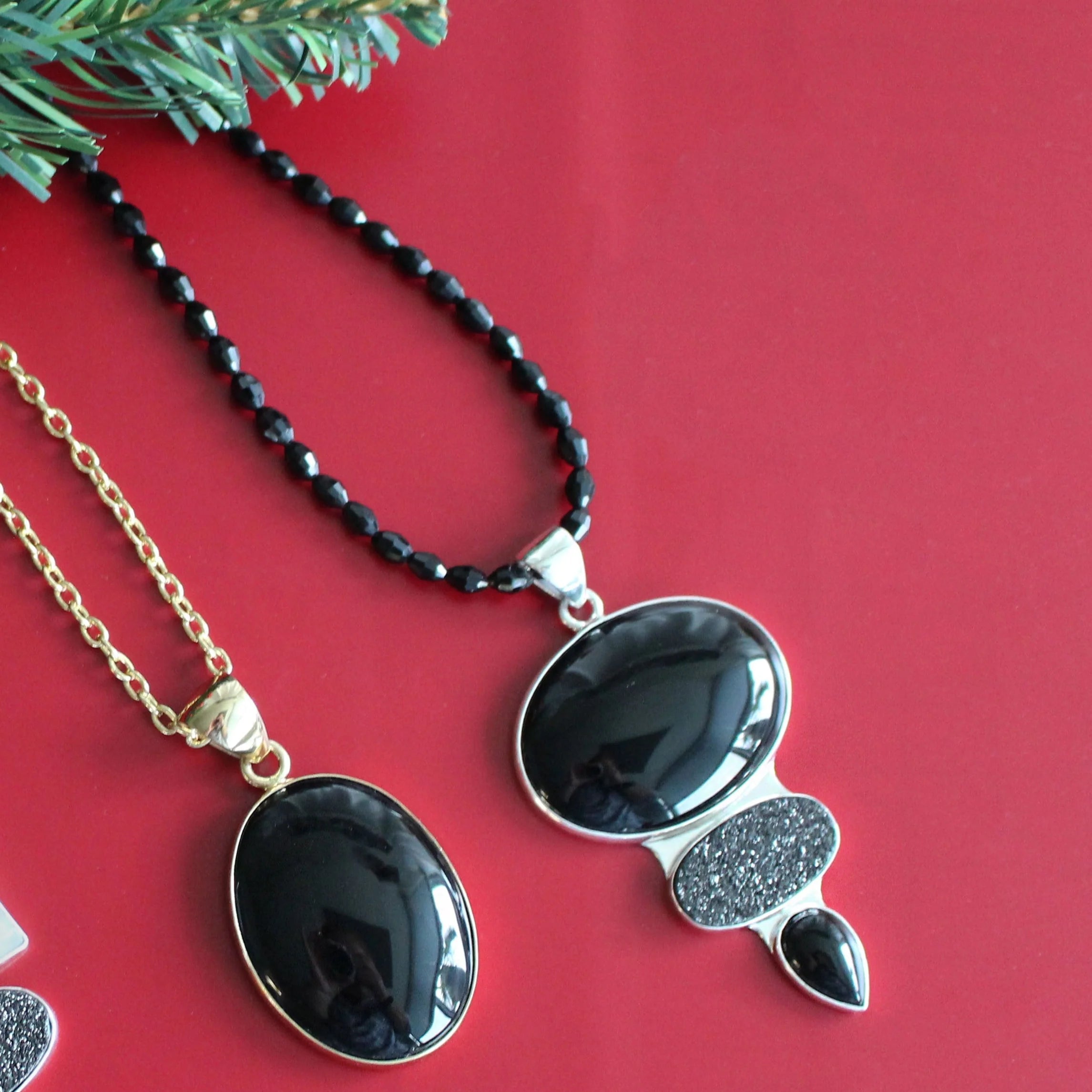 STERLING SILVER ONYX AND BLACK DRUZY TRIPLE PENDANT