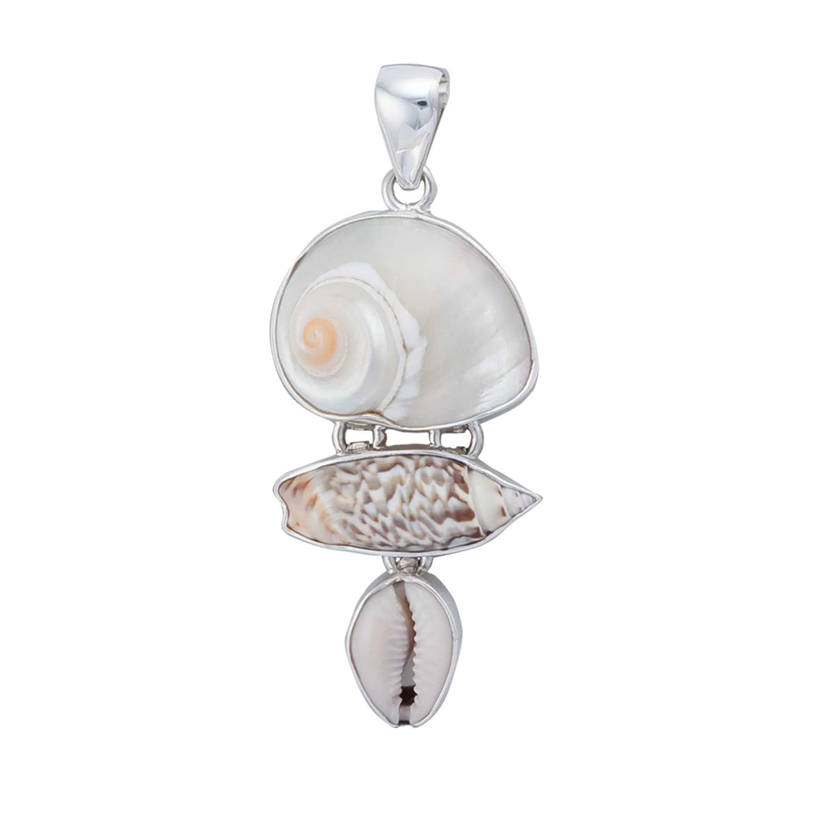 STERLING SILVER CINNERUS, OLIVE & COWRY SHELL PENDANT