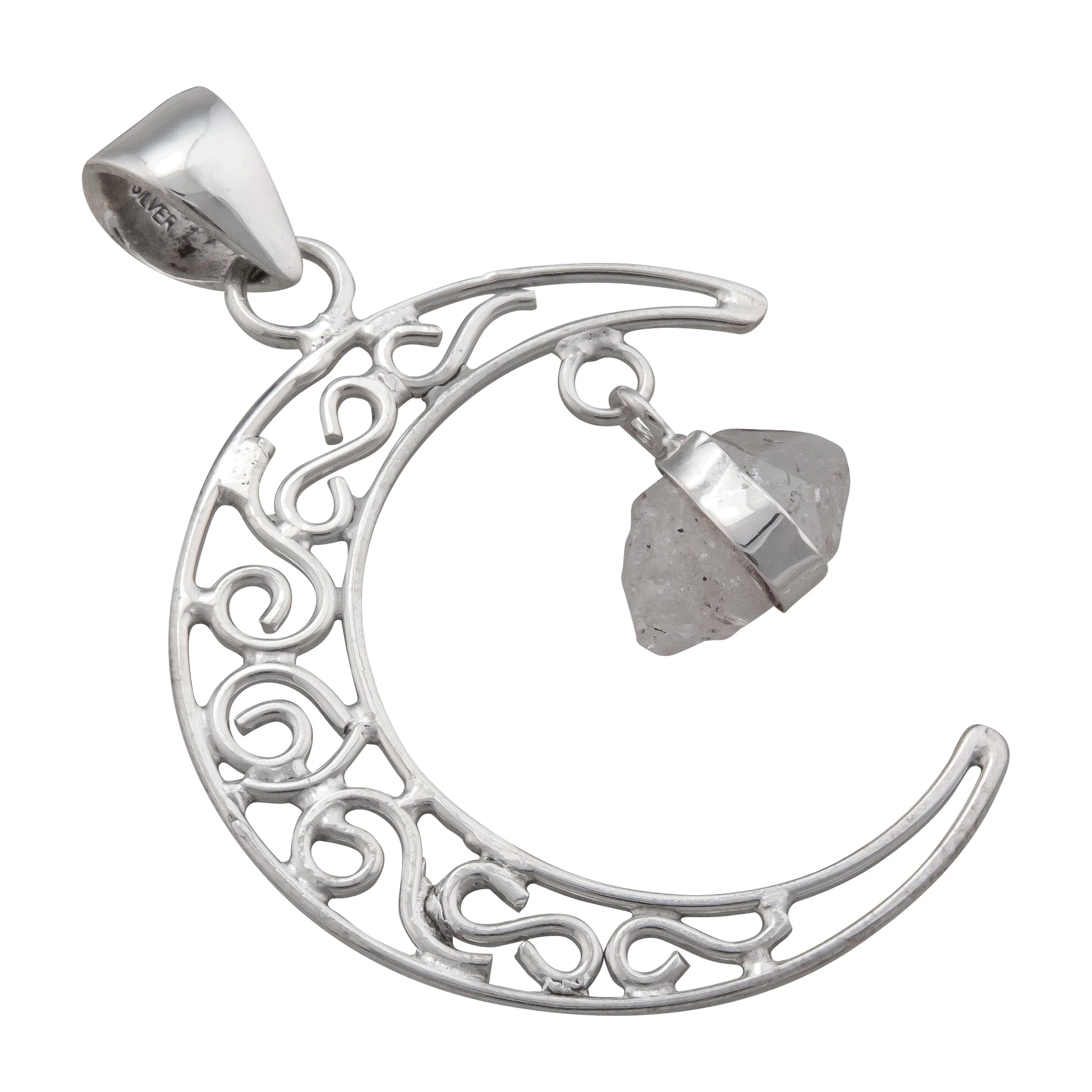 STERLING SILVER CRESCENT MOON AND HERKIMER DIAMOND PENDANT