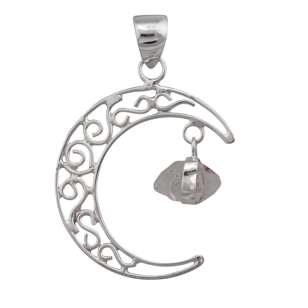 STERLING SILVER CRESCENT MOON AND HERKIMER DIAMOND PENDANT