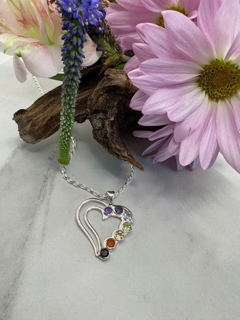 STERLING SILVER MULTI STONE RAINBOW HEART PENDANT