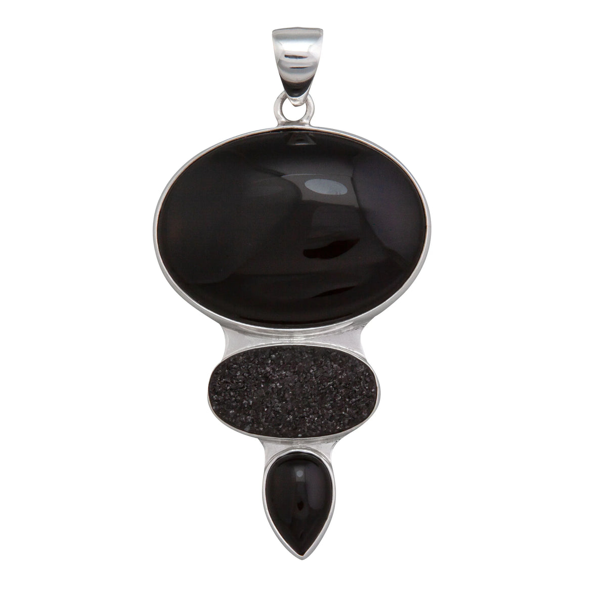 STERLING SILVER ONYX AND BLACK DRUZY TRIPLE PENDANT