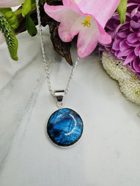 Silver Round  Earth Labradorite Pendant