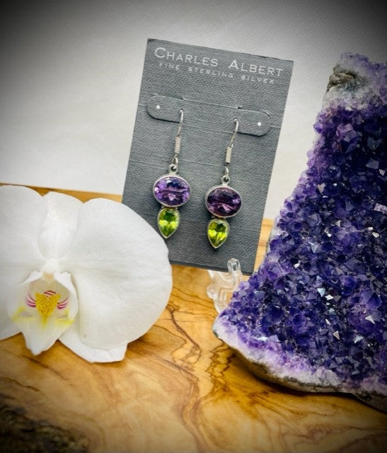 Sterling Silver Amethyst and Lab Peridot Drop Earrings