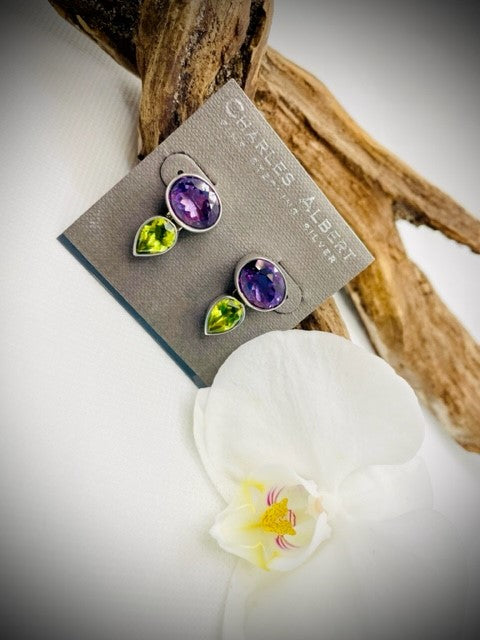 Sterling Silver Amethyst and Lab Peridot Post Earrings