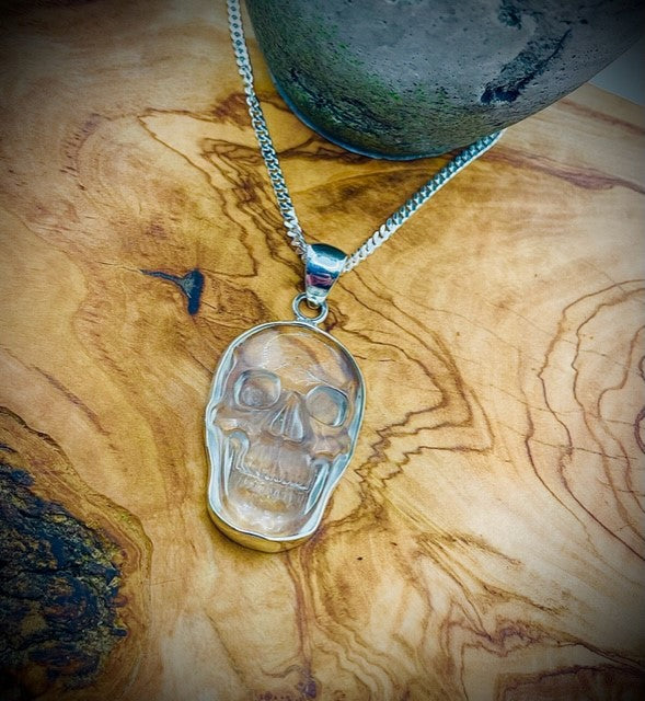 Sterling Silver Clear Quartz Skull Pendant - Large