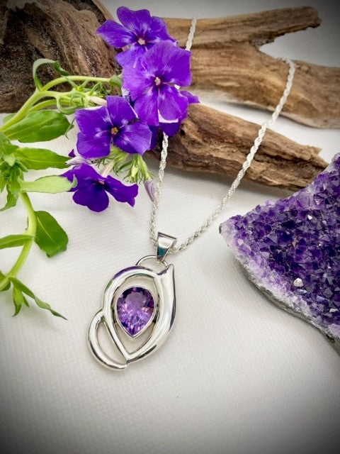 Sterling Silver Designer Detail Edge Amethyst Pendant - Statement Piece