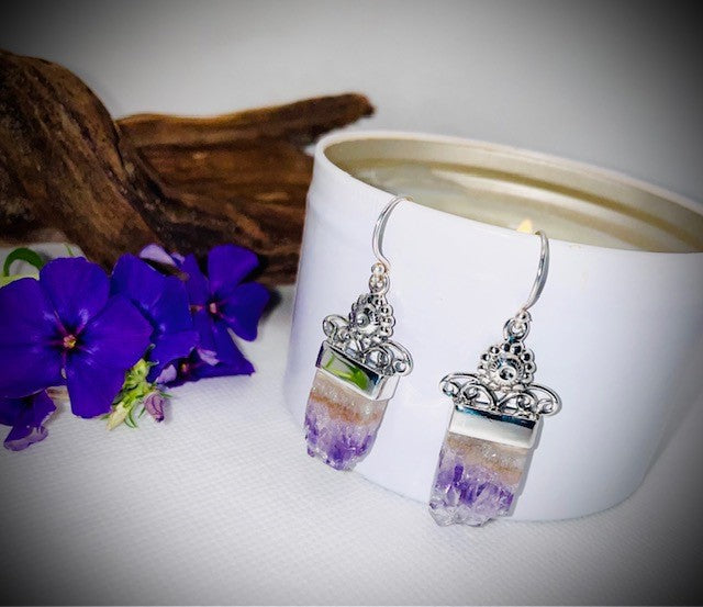 Sterling Silver Designer Rough Cut Amethyst Quartz Drop Earrings