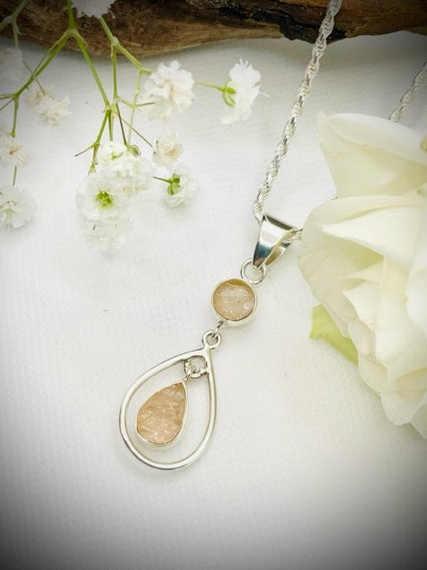 Sterling Silver Double Rough Cut Rose Quartz Pendant