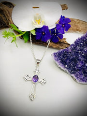 Sterling Silver Large Amethyst Cross Pendant