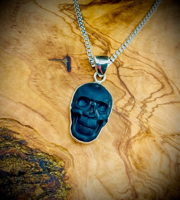 Sterling Silver Obsidian Skull Pendant - Small