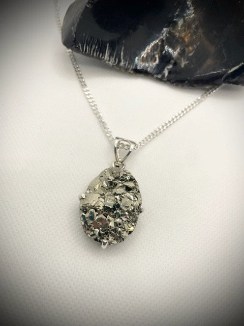 Sterling Silver Oval Prong Set Pyrite Pendant