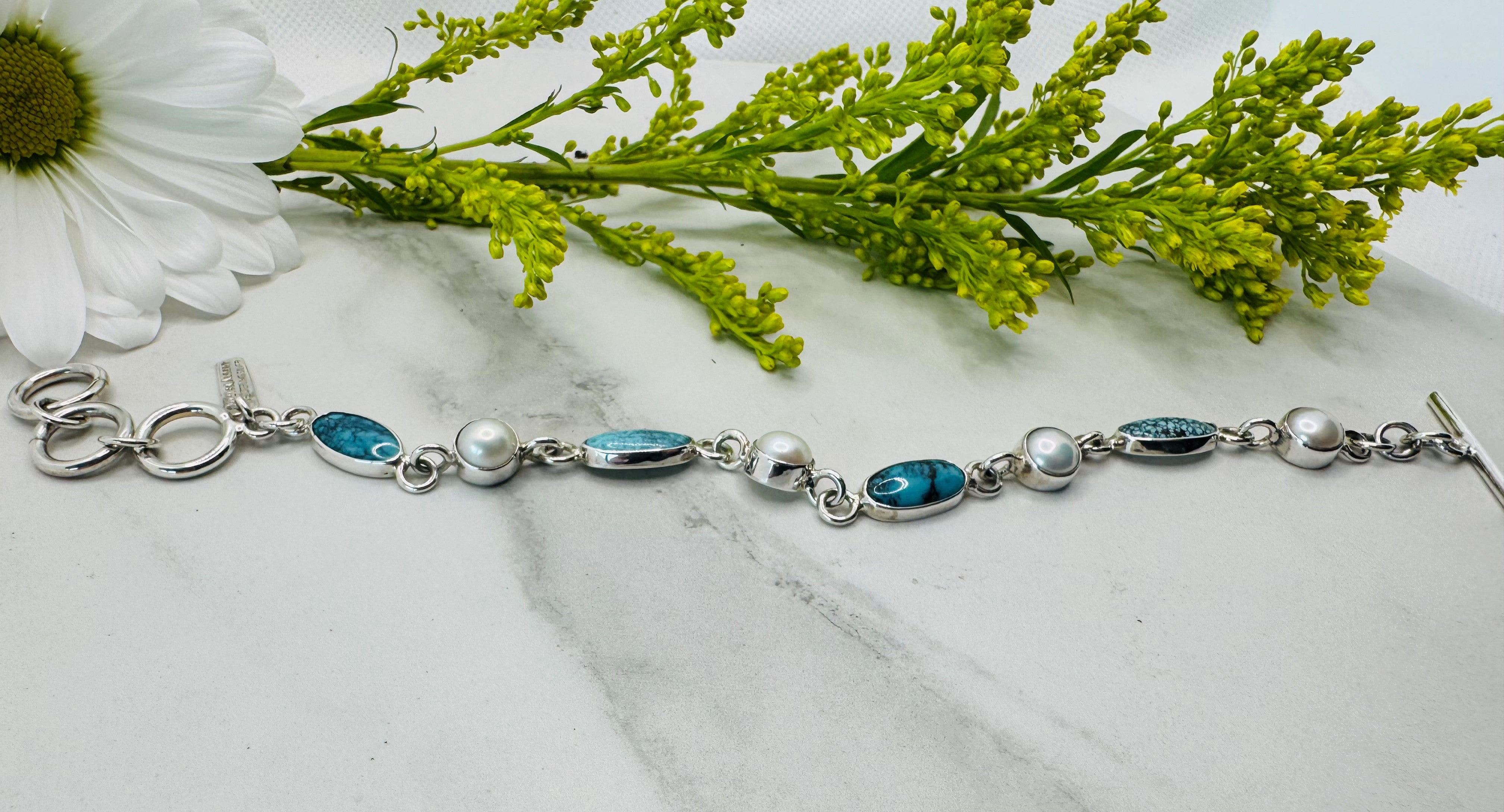 Seafoam Serenity – Sterling Silver Pearl & Turquoise Bracelet