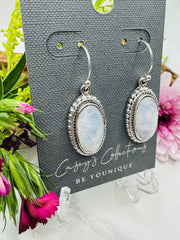 Sterling Silver Rainbow Moonstone Drop Earrings - Oval Beaded & Roped Edge