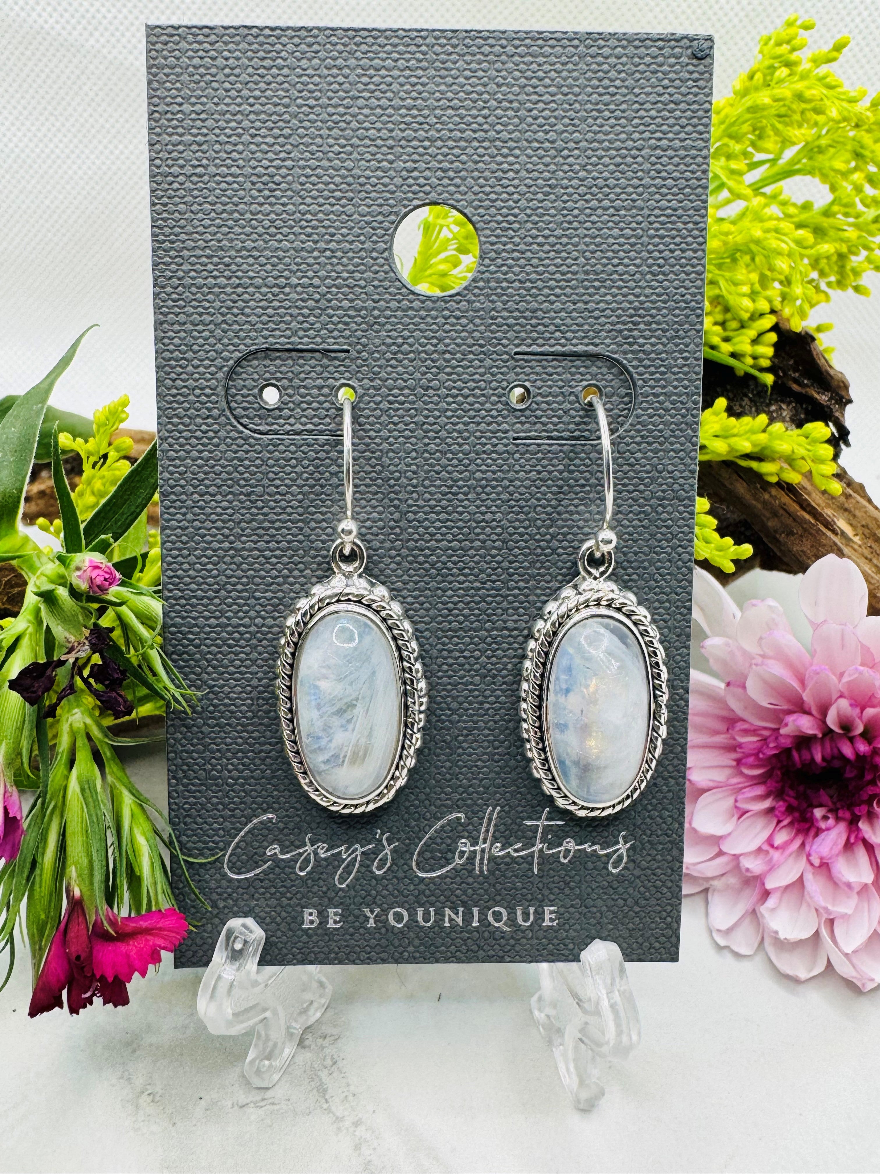Sterling Silver Rainbow Moonstone Drop Earrings - Oval Beaded & Roped Edge