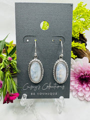 Sterling Silver Rainbow Moonstone Drop Earrings - Oval Beaded & Roped Edge