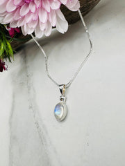 Sterling Silver Rainbow Moonstone Petite Oval Pendant - Moonlight Whisper