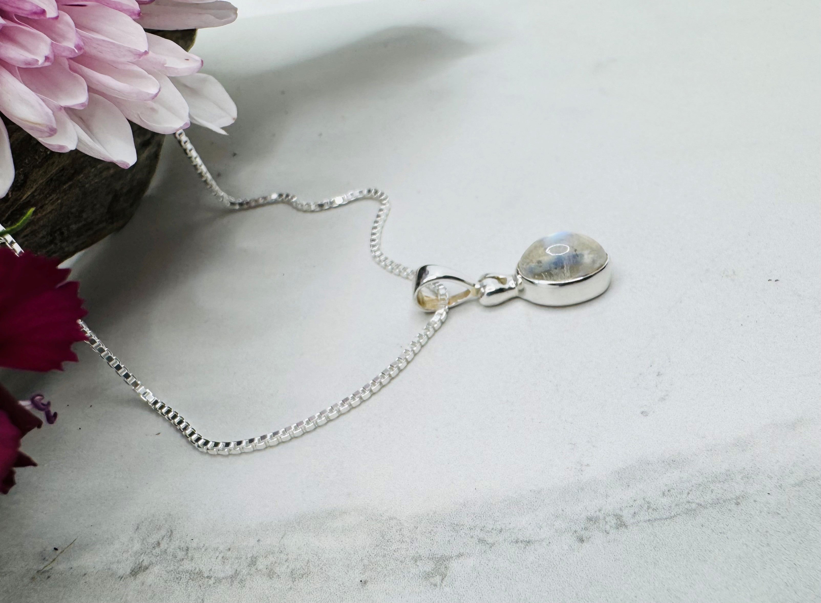 Sterling Silver Rainbow Moonstone Petite Oval Pendant - Moonlight Whisper