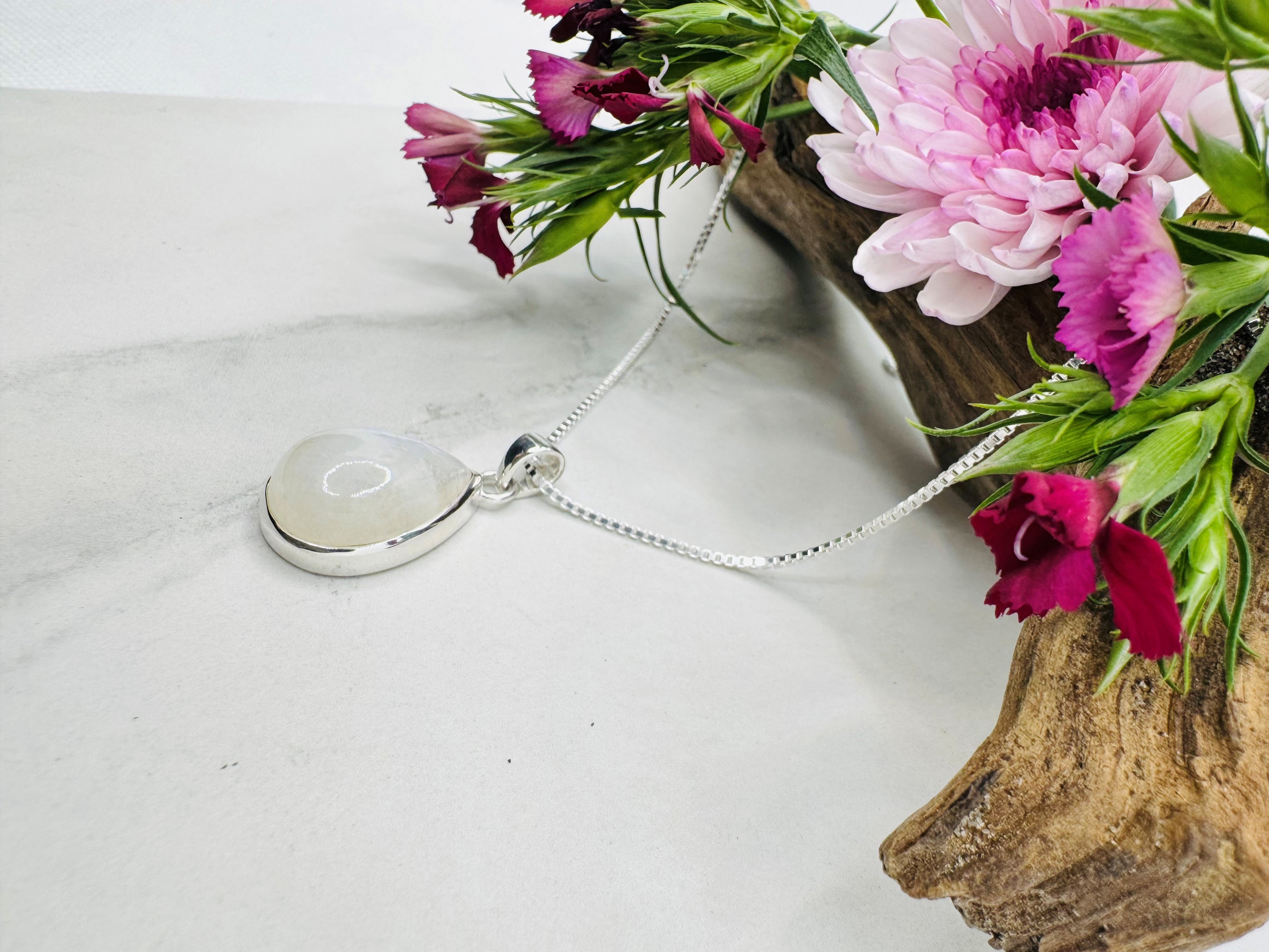 Sterling Silver Rainbow Moonstone Small Pear Shape Pendant - Solace