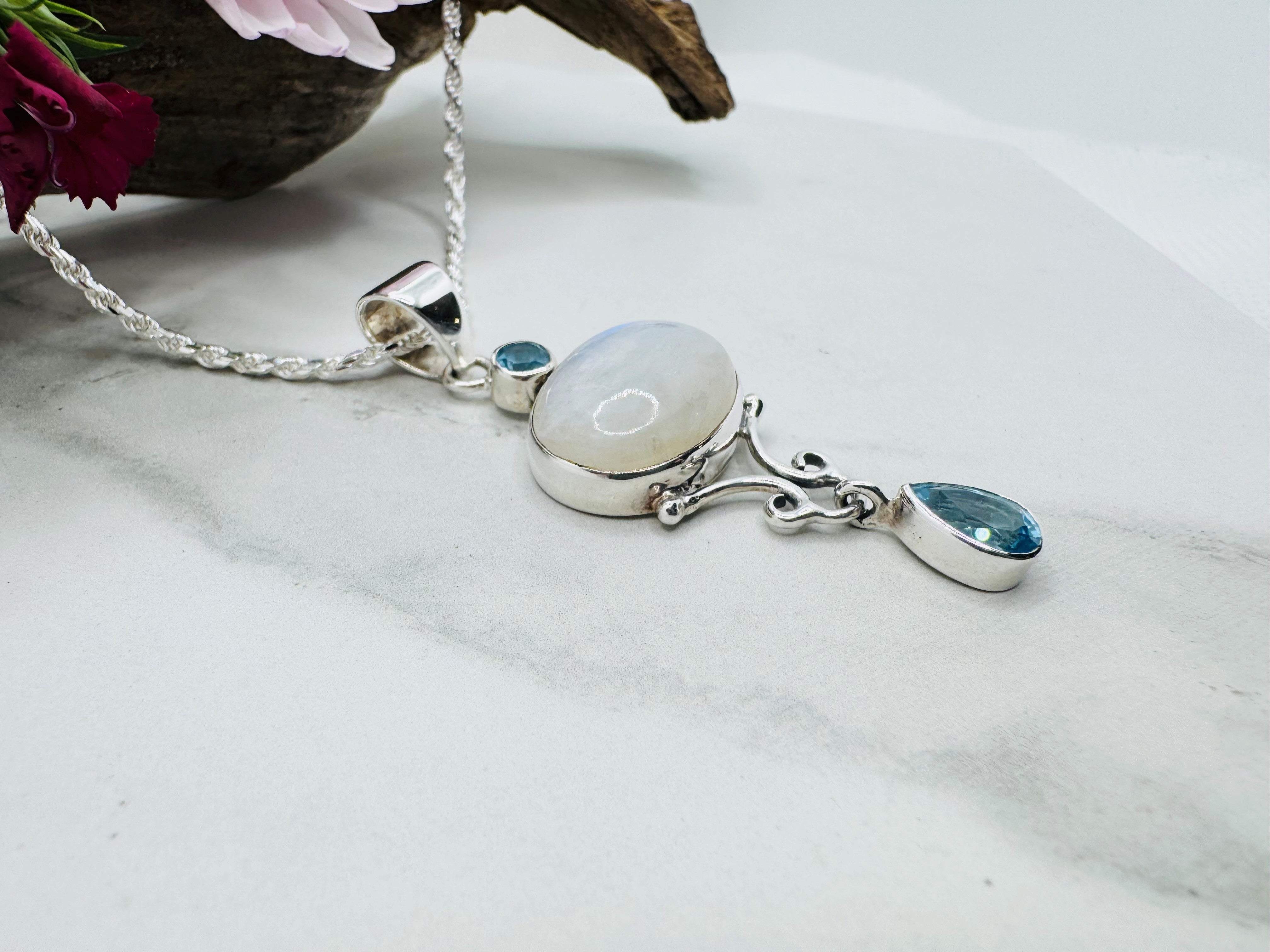 Sterling Silver Rainbow Moonstone & Blue Topaz Pendant - Designer Collection - Supernova