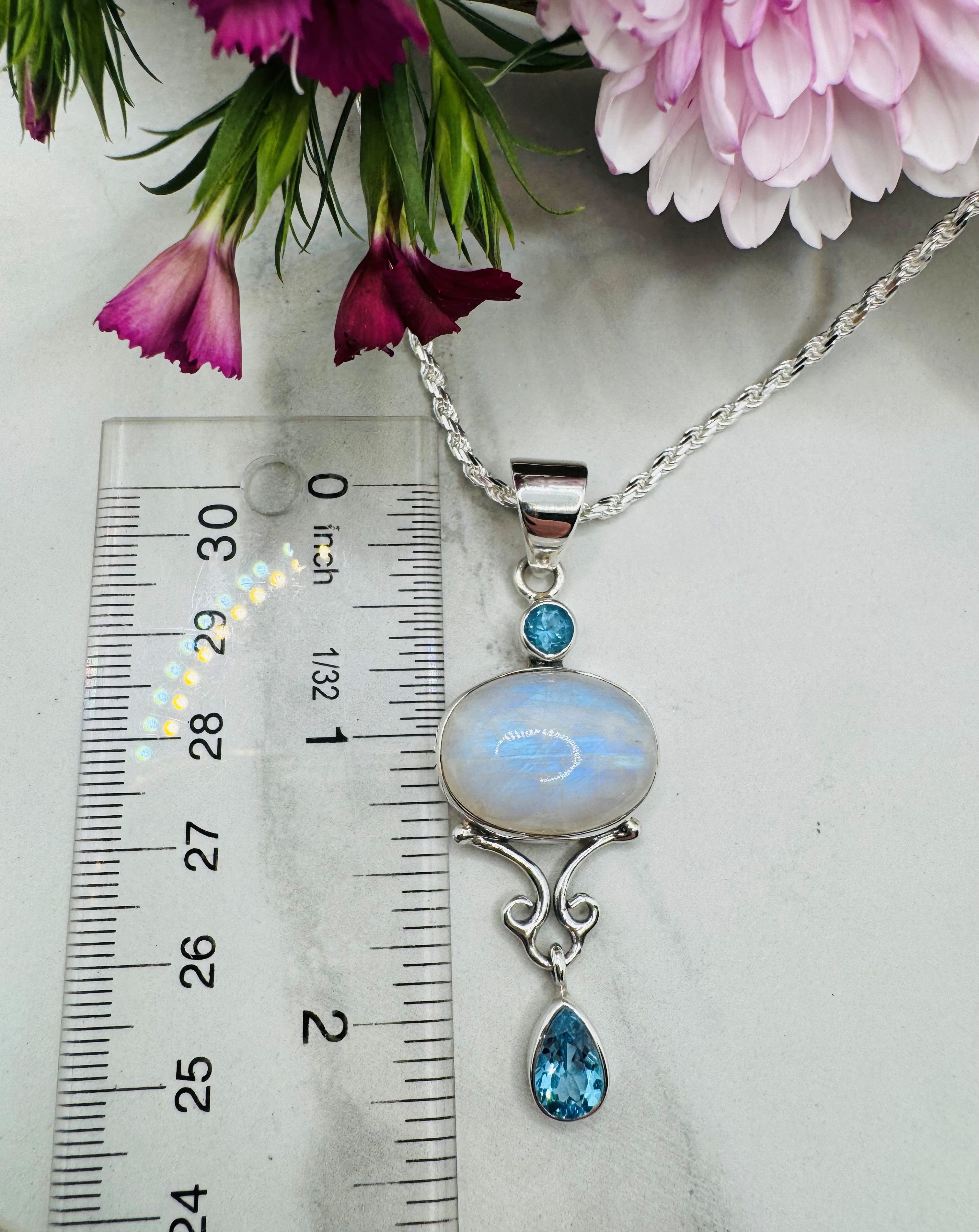 Sterling Silver Rainbow Moonstone & Blue Topaz Pendant - Designer Collection - Supernova