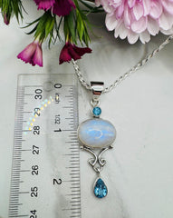 Sterling Silver Rainbow Moonstone & Blue Topaz Pendant - Designer Collection - Supernova