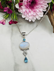 Sterling Silver Rainbow Moonstone & Blue Topaz Pendant - Designer Collection - Supernova