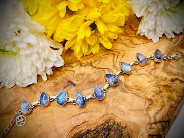 Adjustable Sterling Silver Rainbow Moonstone and Blue Foil Bracelet