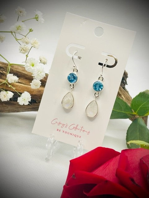 Sterling Silver Rainbow Moonstone and Blue Topaz Drop Earrings