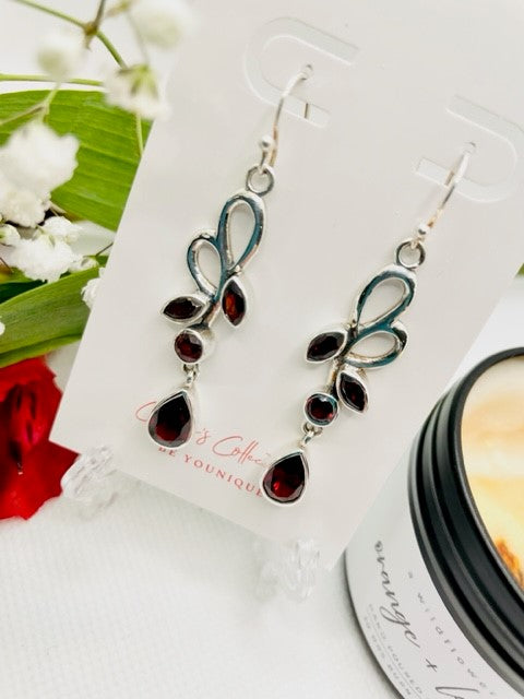 Sterling Silver Ribbon Garnet Drop Earrings