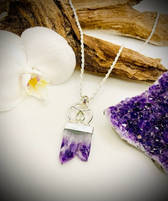 Sterling Silver Rough Cut Amethyst Slice and Green Amethyst Pendant