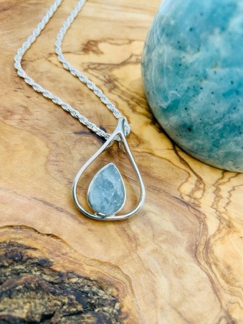 Sterling Silver Rough Cut Aquamarine Pear Shape Pendant