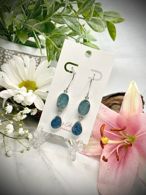 Sterling Silver Rough Cut Double Aquamarine Drop Earrings (2 Shades)