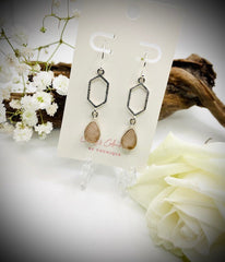 Sterling Silver Rough Cut Rose Quartz Hexagon Drop Earrings