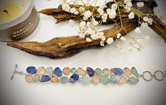 Adjustable Sterling Silver Rough Cut Tanzanite, Aquamarine, Rose Quartz Bracelet