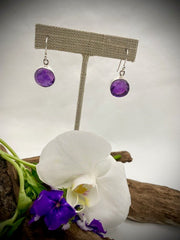 Sterling Silver Round Rough Amethyst Drop Earrings