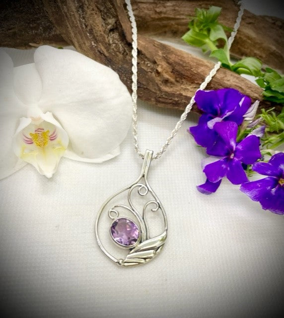 Sterling Silver Wave Amethyst Pendant